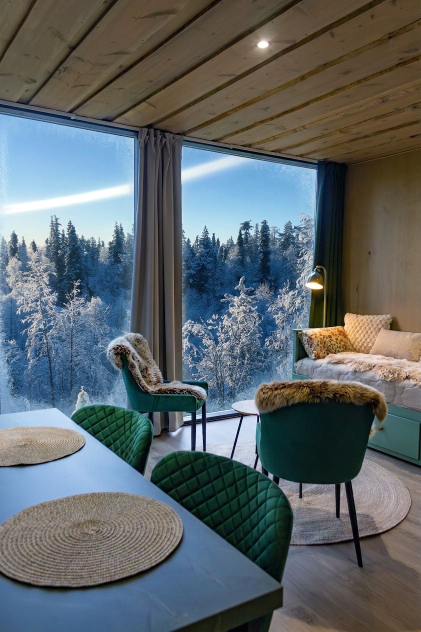 Quarto com uma grande janela com vista para uma floresta, cadeiras estofadas em verde, mesa com jogos americanos trançados e abajur sobre uma mesinha lateral.