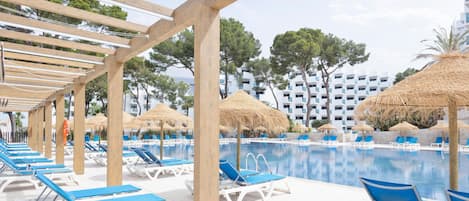 Indoor pool, outdoor pool, pool umbrellas, sun loungers