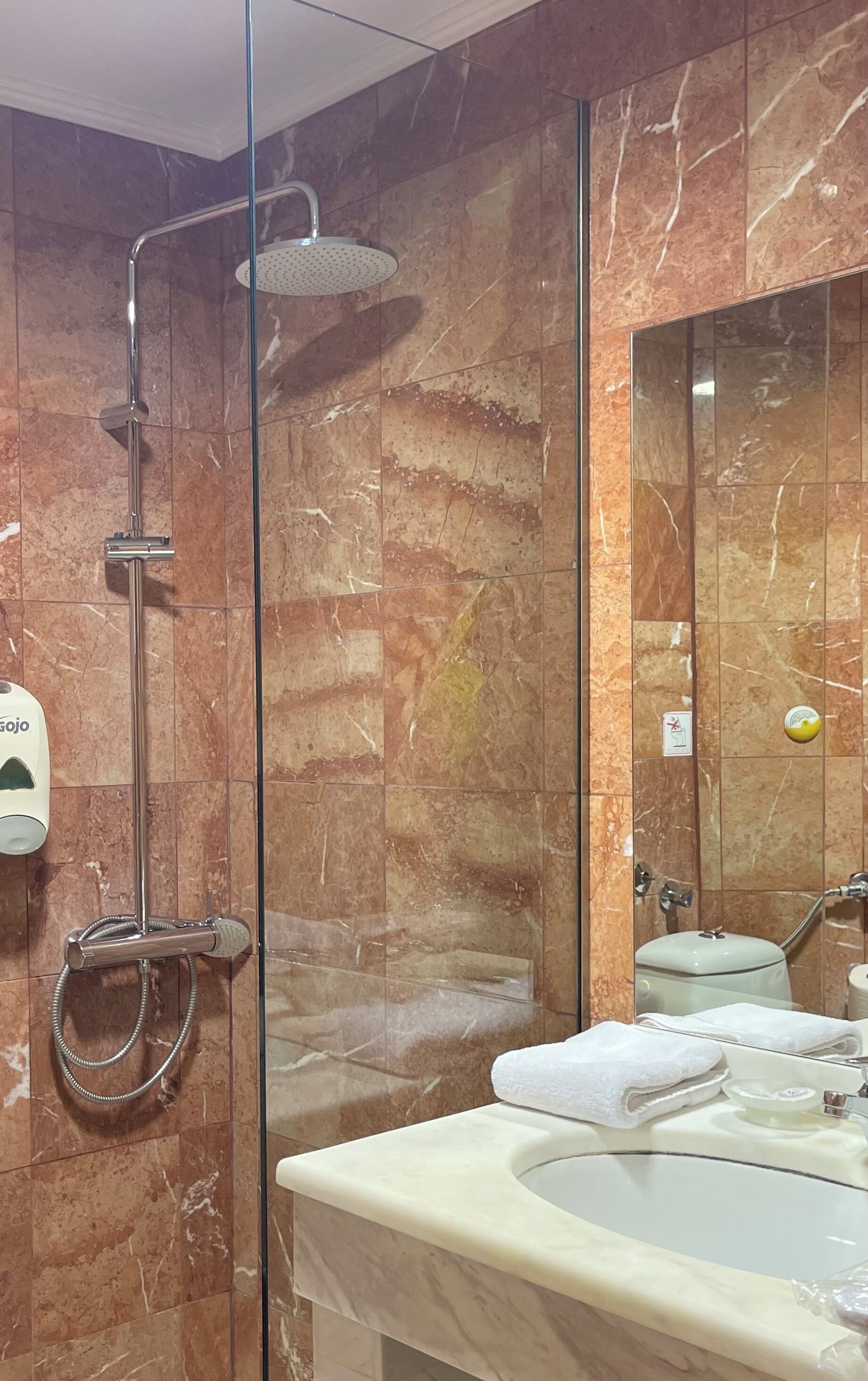 A modern bathroom with a glass-enclosed shower, a sink with a mirror, and a toilet.