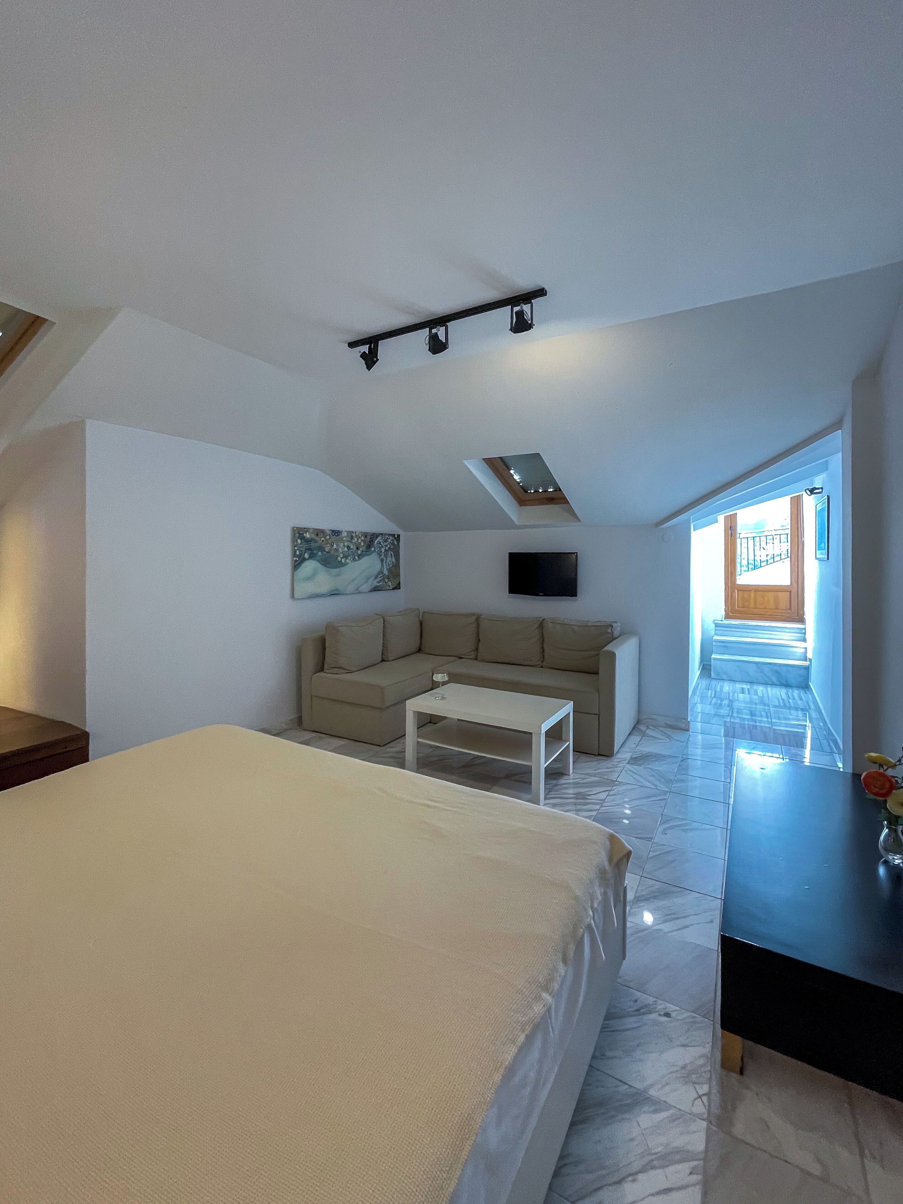 Una camera da letto con un letto, un divano, un tavolino, una televisione e un lucernario.