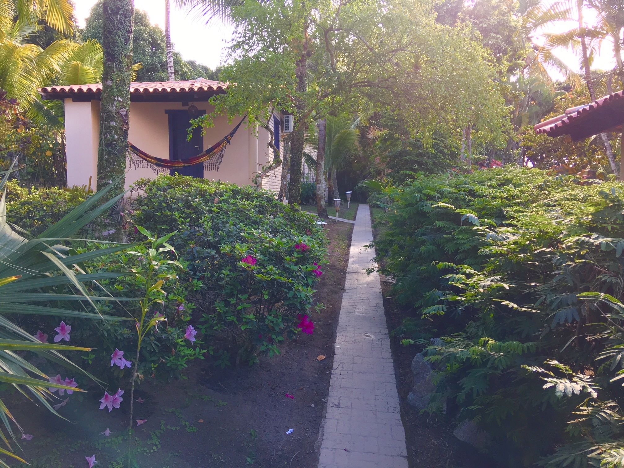 A pathway leading to a building with a tiled roof and a small porch.
