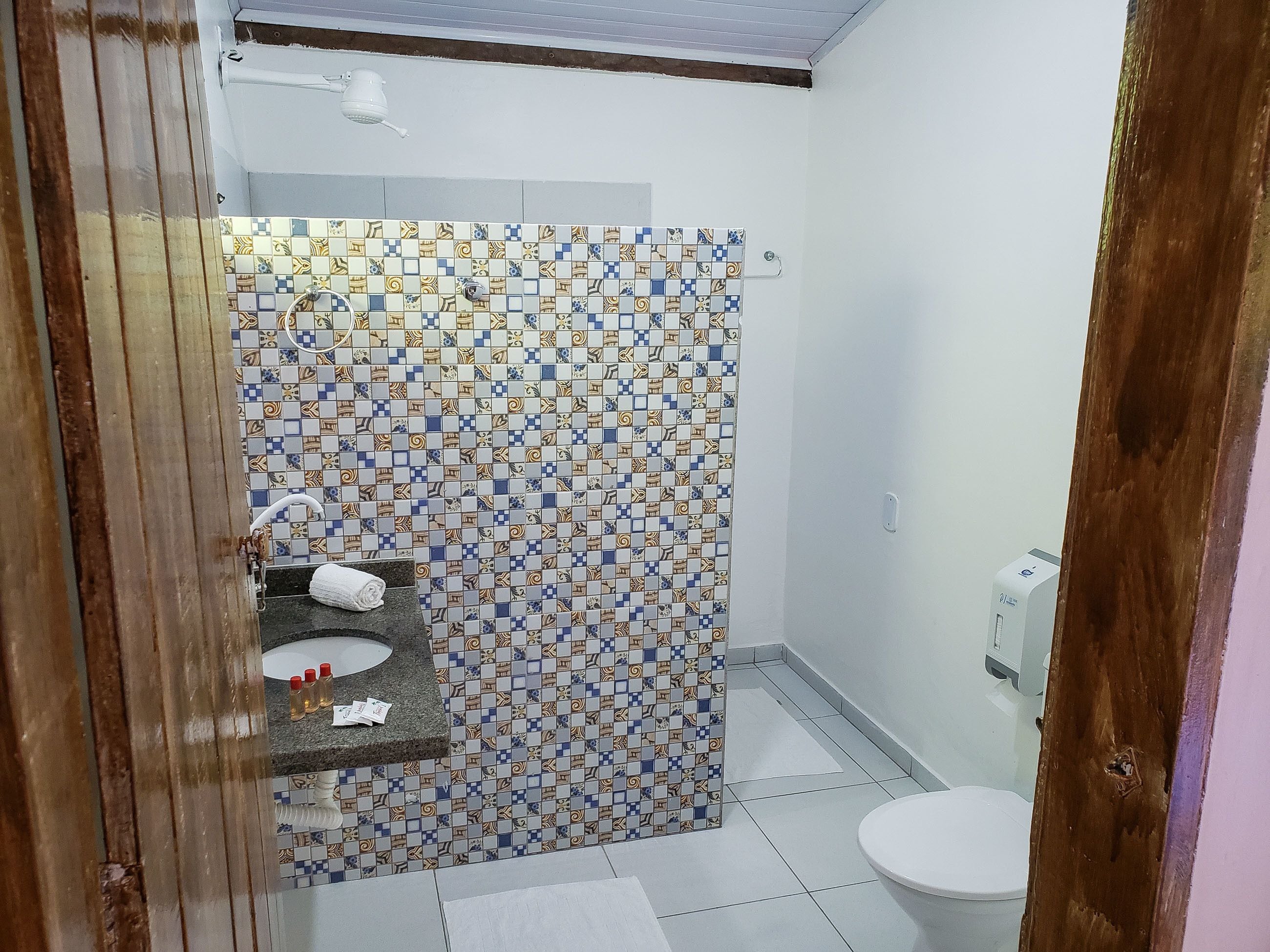 Een badkamer met een betegelde douchewand, een wastafel met toiletartikelen en een toilet.