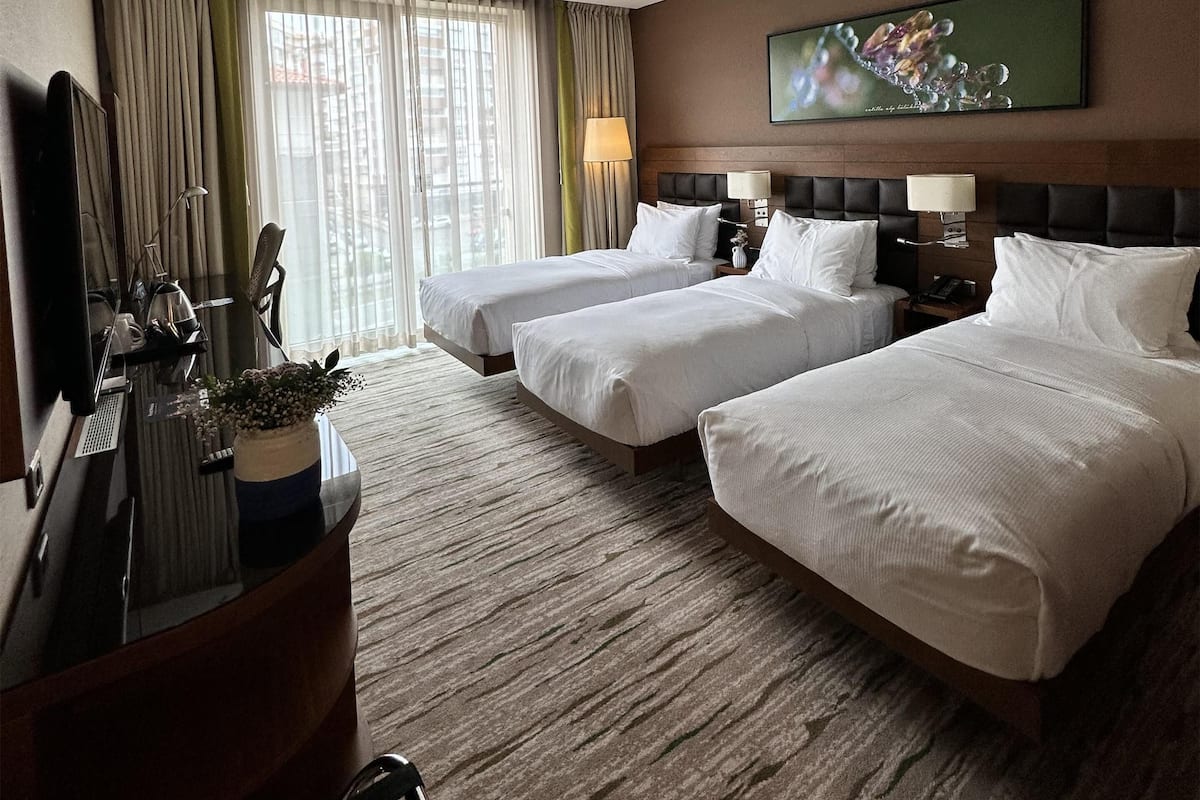 Quarto triplo, 3 camas de solteiro, vista para a cidade | 1 quarto, roupas de cama premium, edredons de pluma