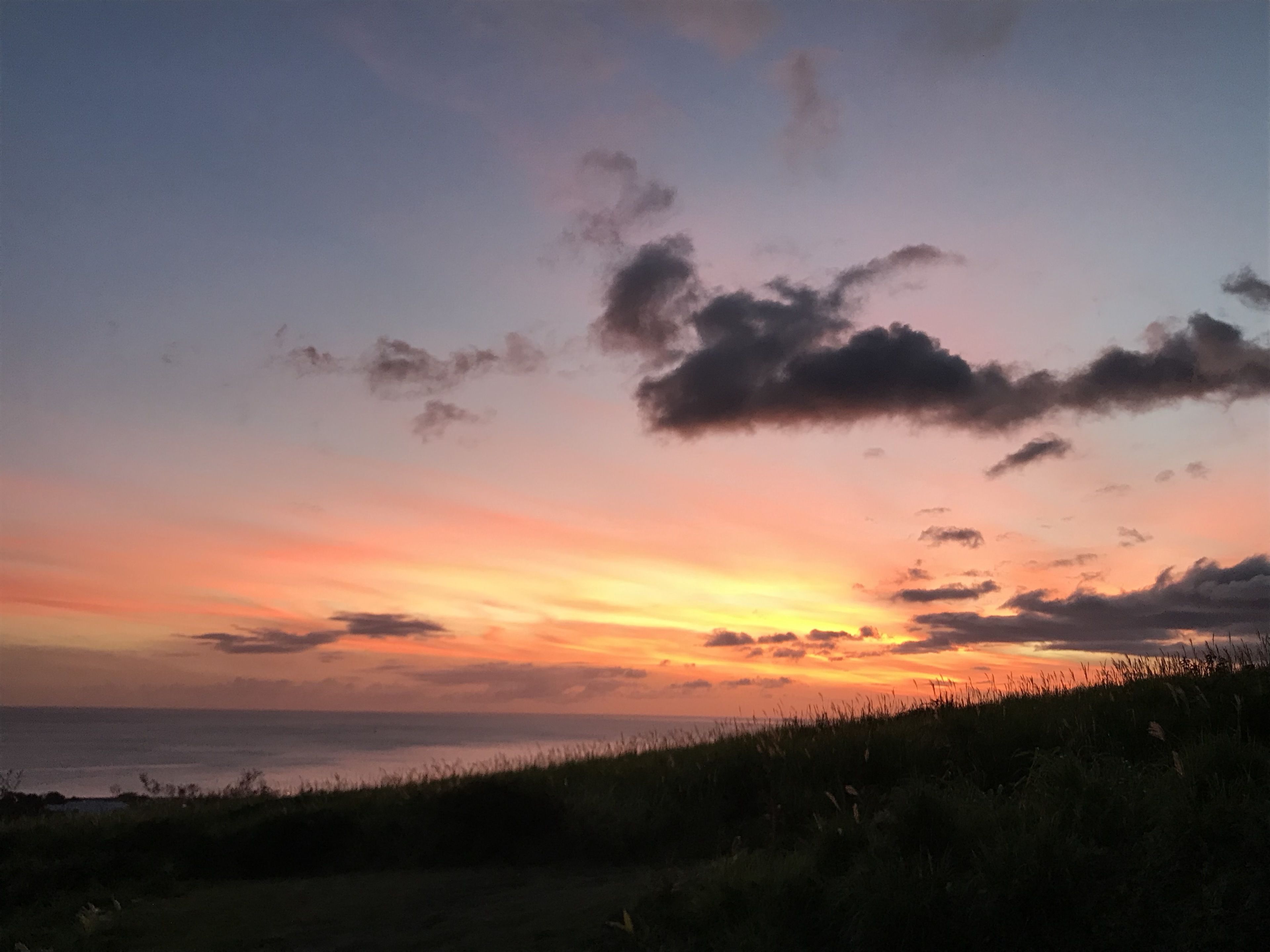 Atardecer sobre un paisaje costero con terreno cubierto de hierba y cielo despejado.