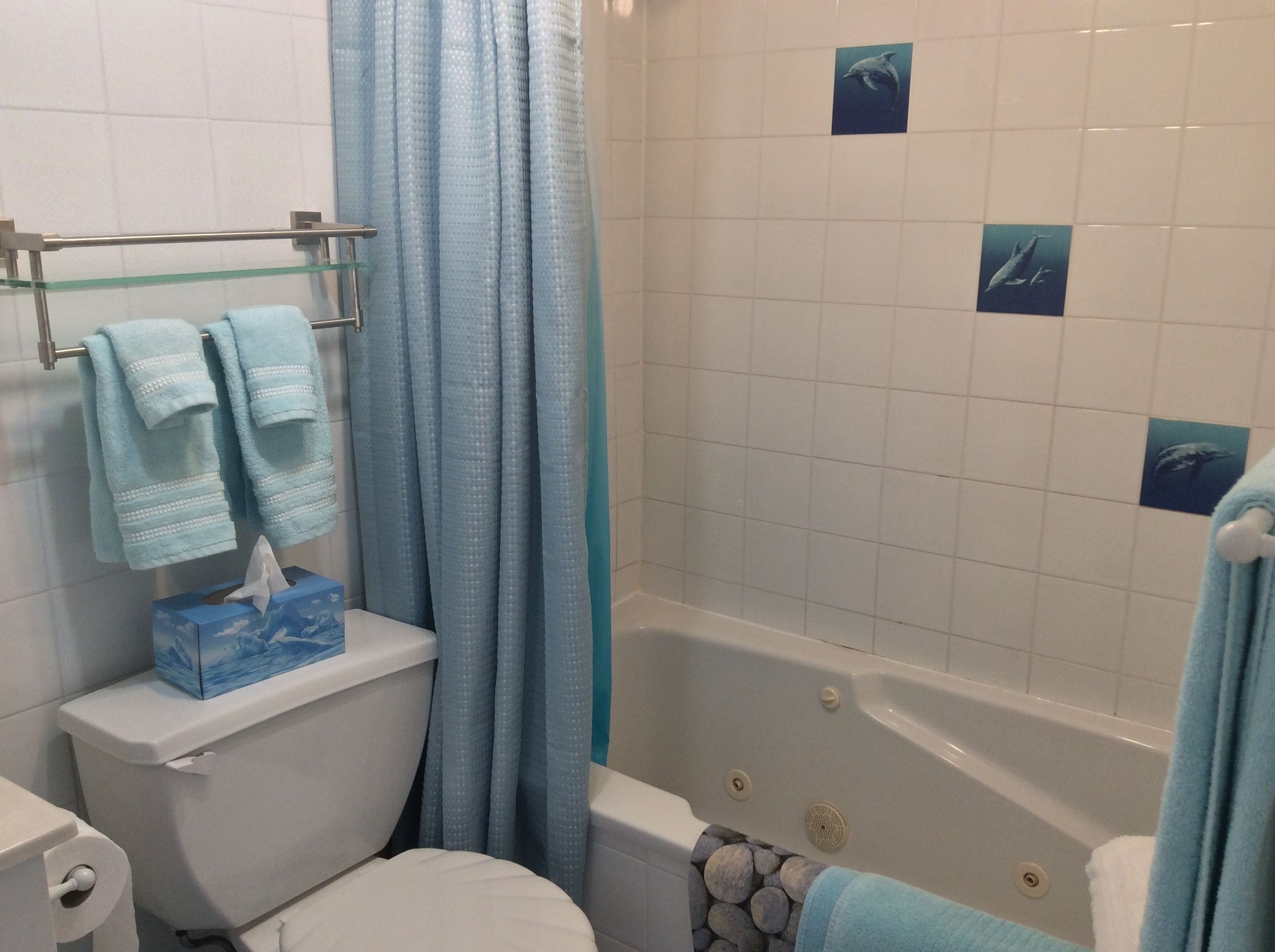 A bathroom with a bathtub, a toilet, and a towel rack with two towels.