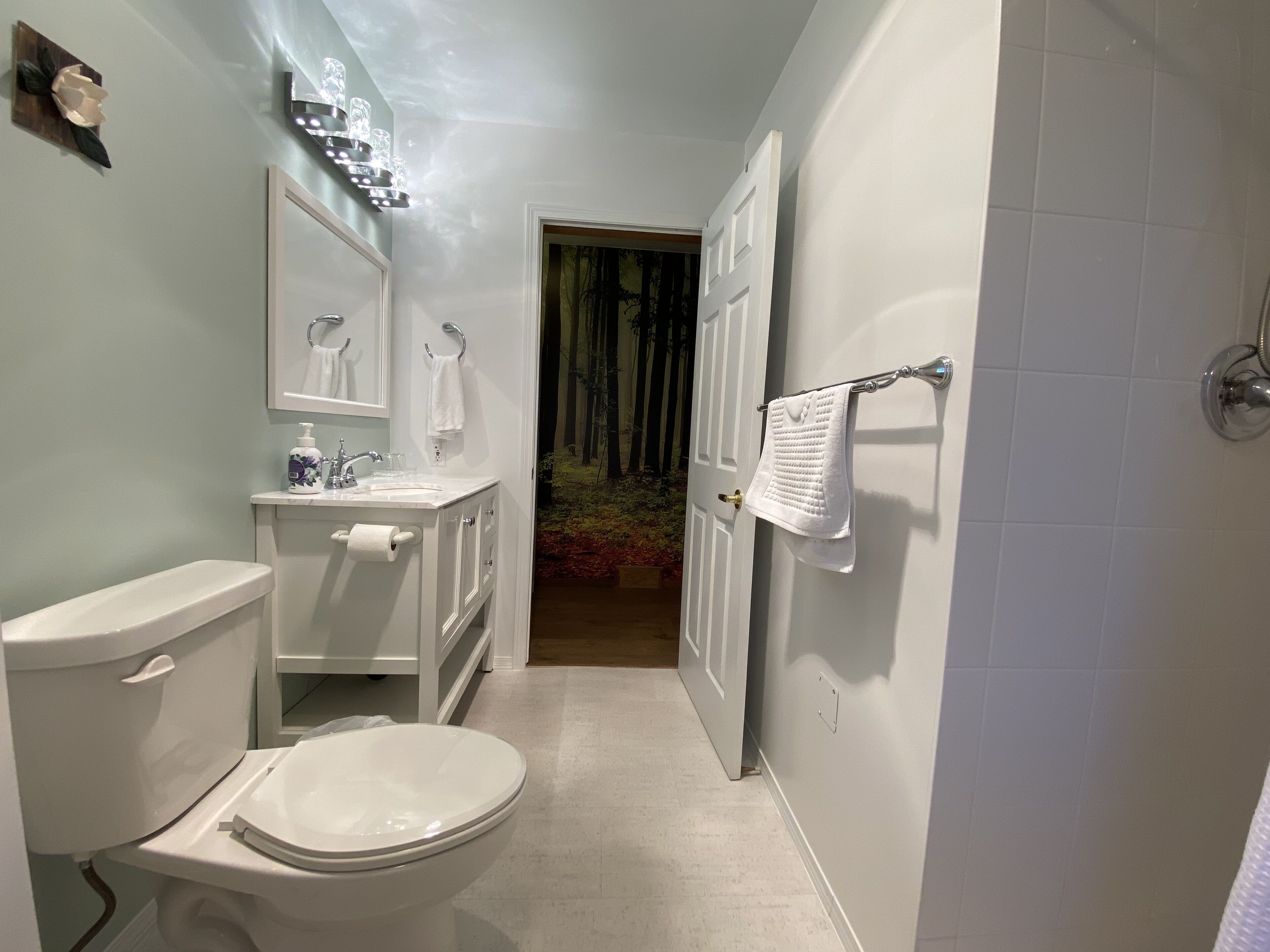 Une salle de bain équipée de toilettes, d’un lavabo et d’un porte-serviettes.