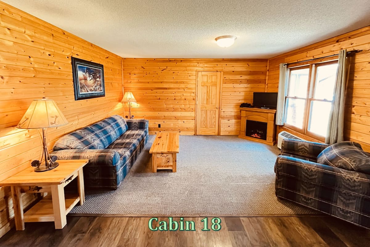 A cabin with wooden walls, a sofa, a coffee table, a TV, and a fireplace.