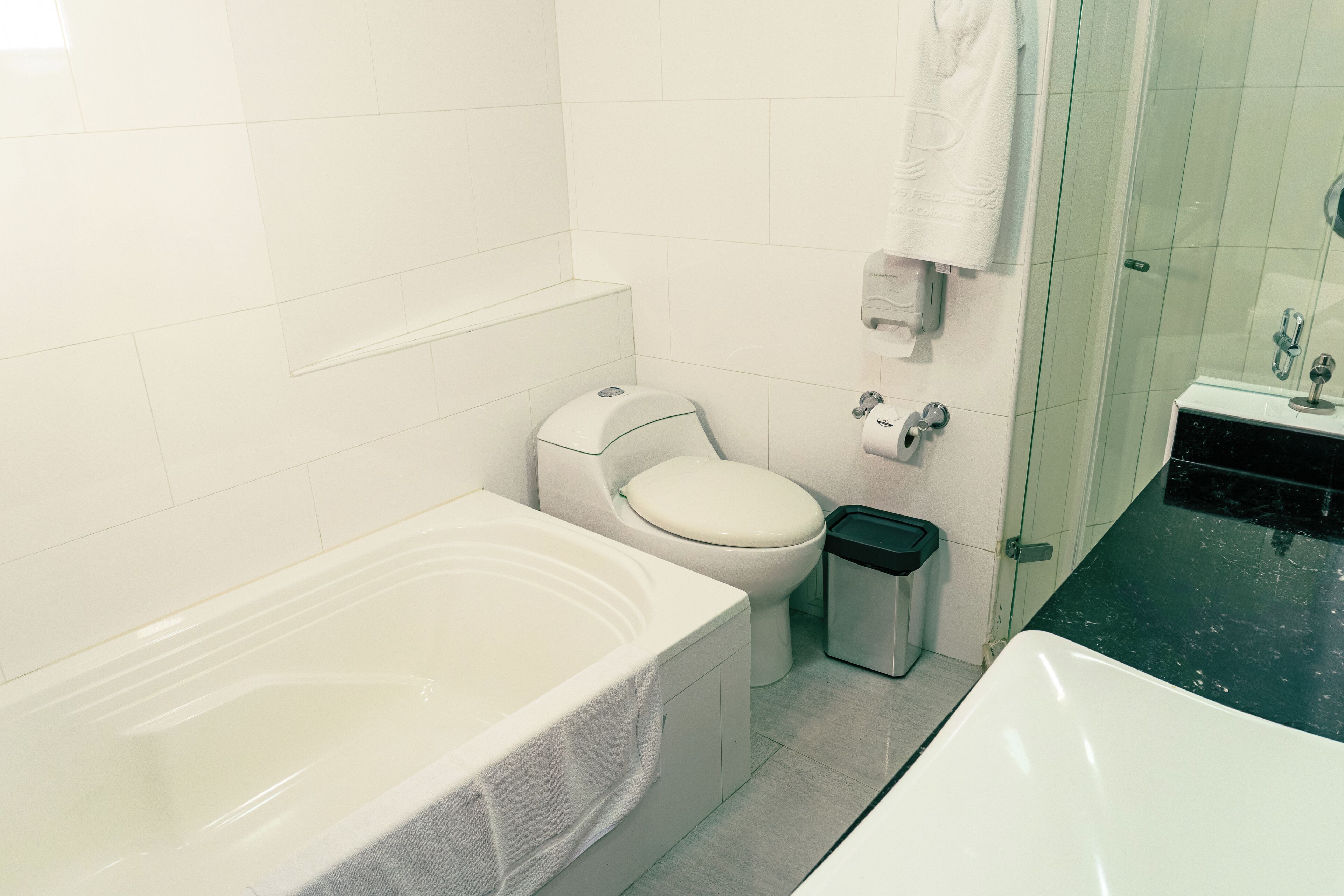 A modern bathroom with a bathtub, toilet, and shower area.