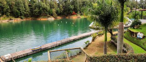 Un muelle de madera se adentra en un lago, rodeado de exuberante vegetación y árboles.