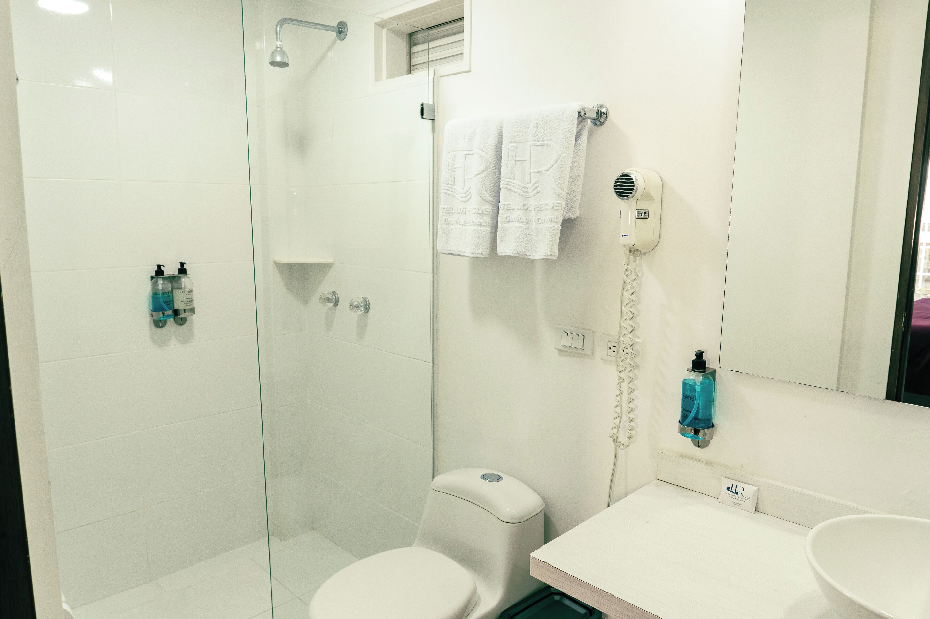 Un baño con cabina de ducha de vidrio, inodoro blanco, lavamanos con espejo y toallero con dos toallas.