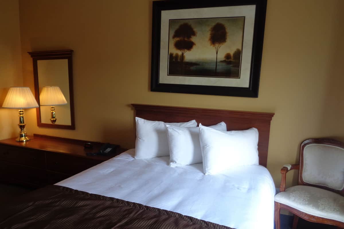 A hotel room with a large bed, a bedside lamp, a chair, a desk with a telephone, and a framed painting on the wall.