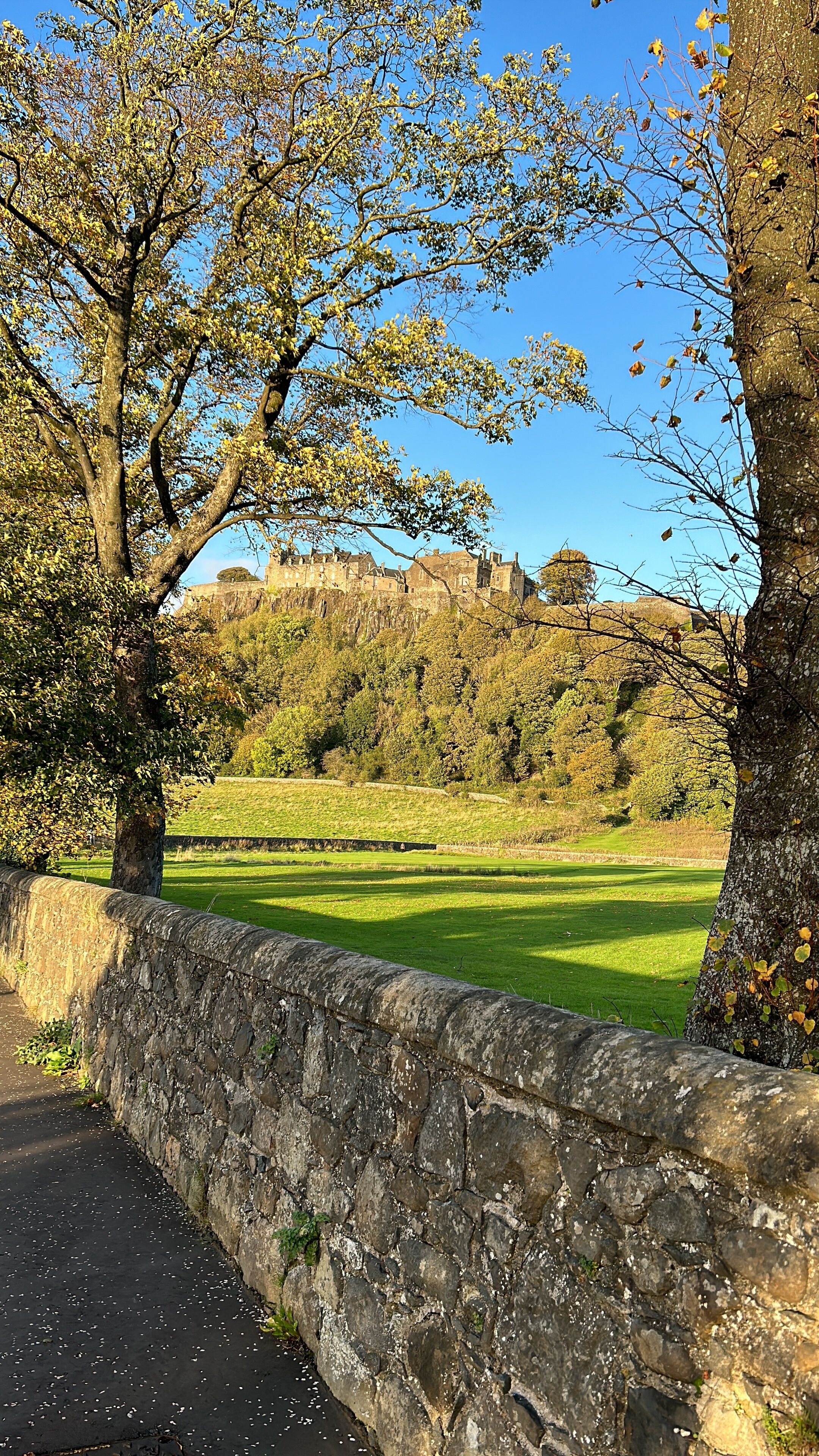 A stone wall with a grassy field and trees in the background.