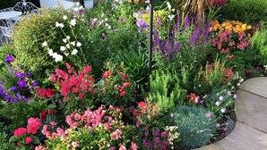 Un jardin agrémenté de diverses plantes à fleurs et doté d’un chemin en pierre.