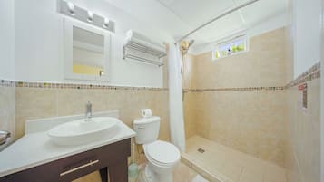 Un baño con lavamanos, inodoro y ducha.