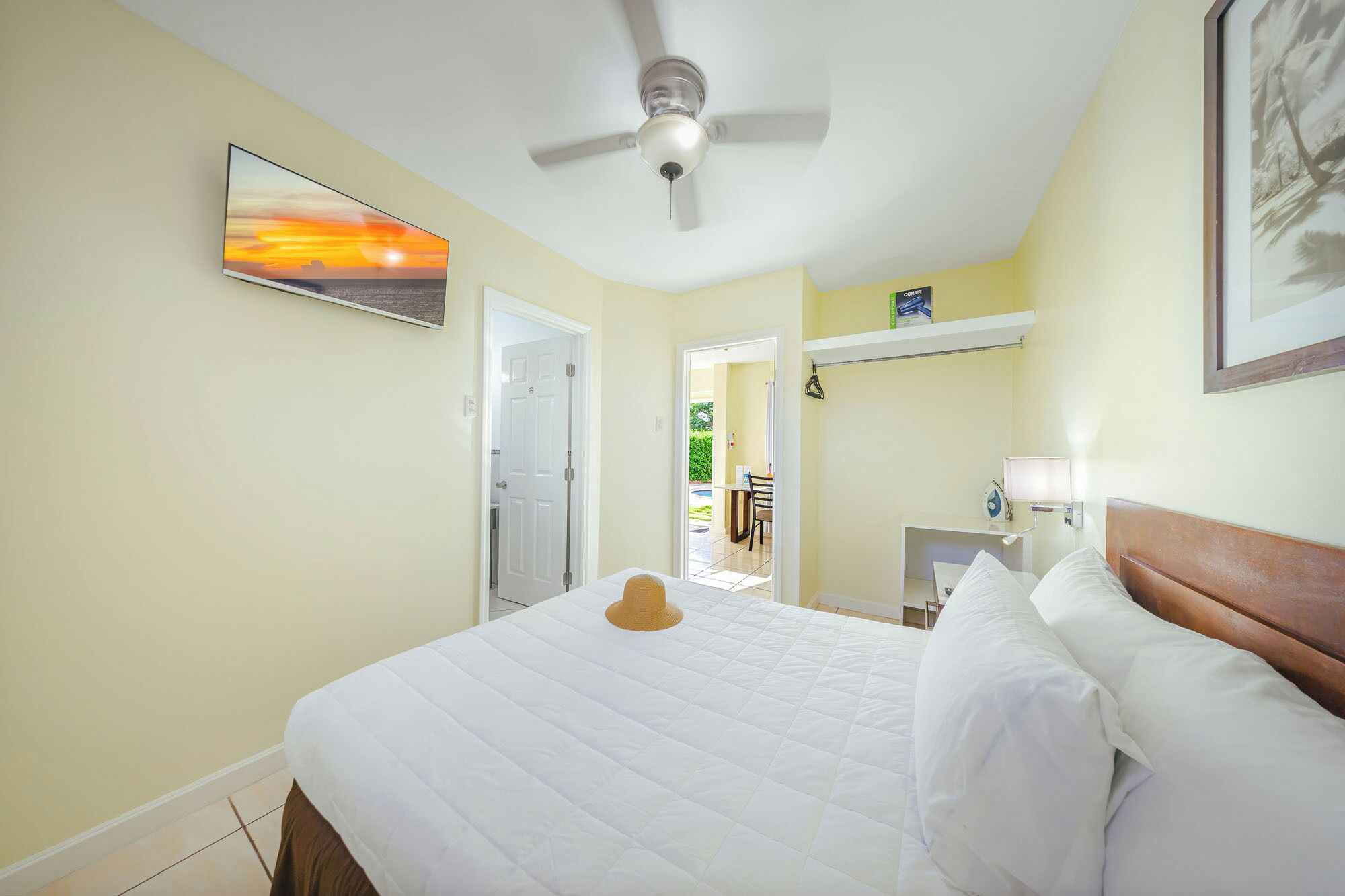 A hotel room with a bed, a ceiling fan, a painting, and a view of the outdoors.