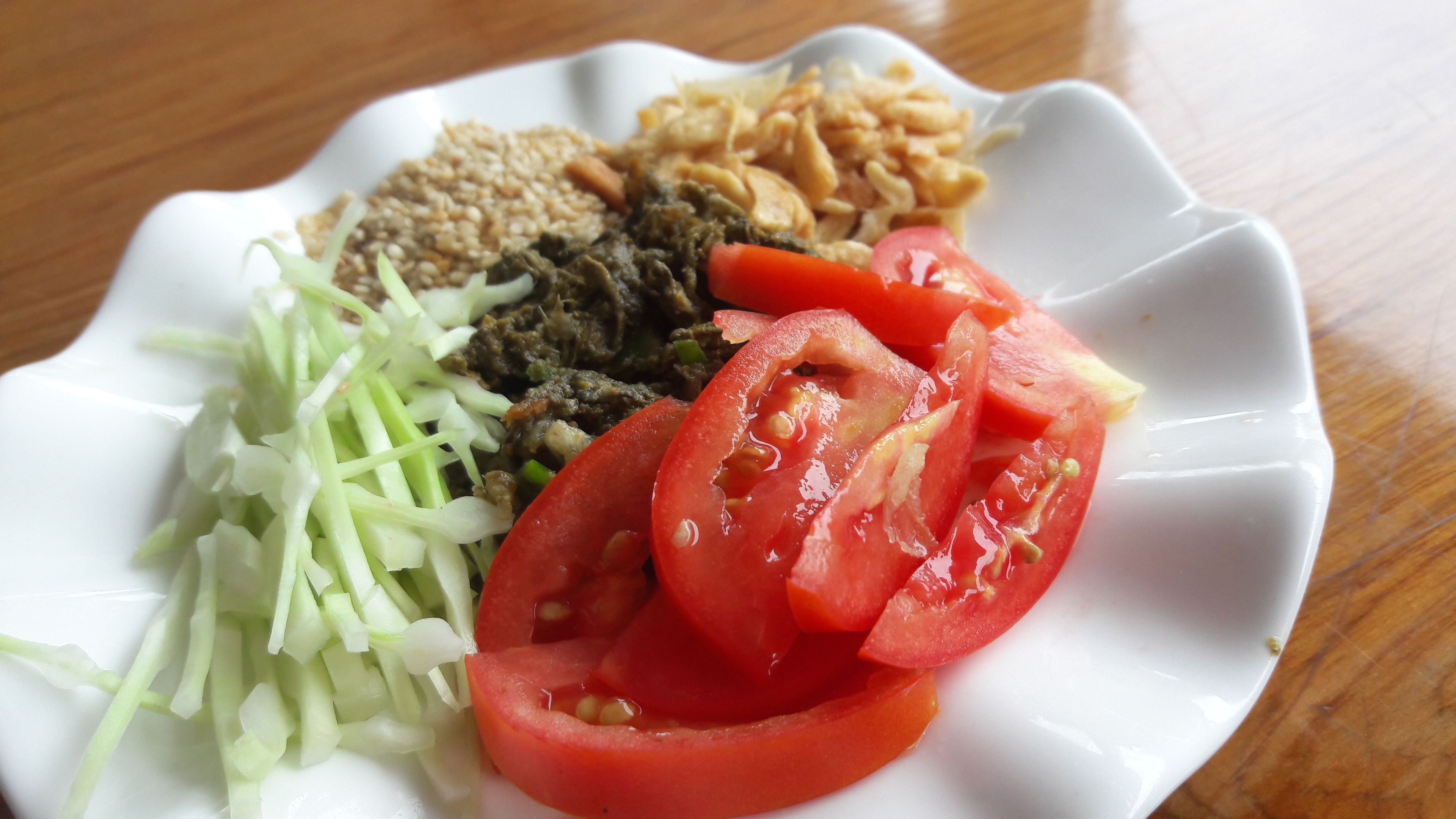 A plate with sliced tomatoes, shredded lettuce, and a dark sauce.