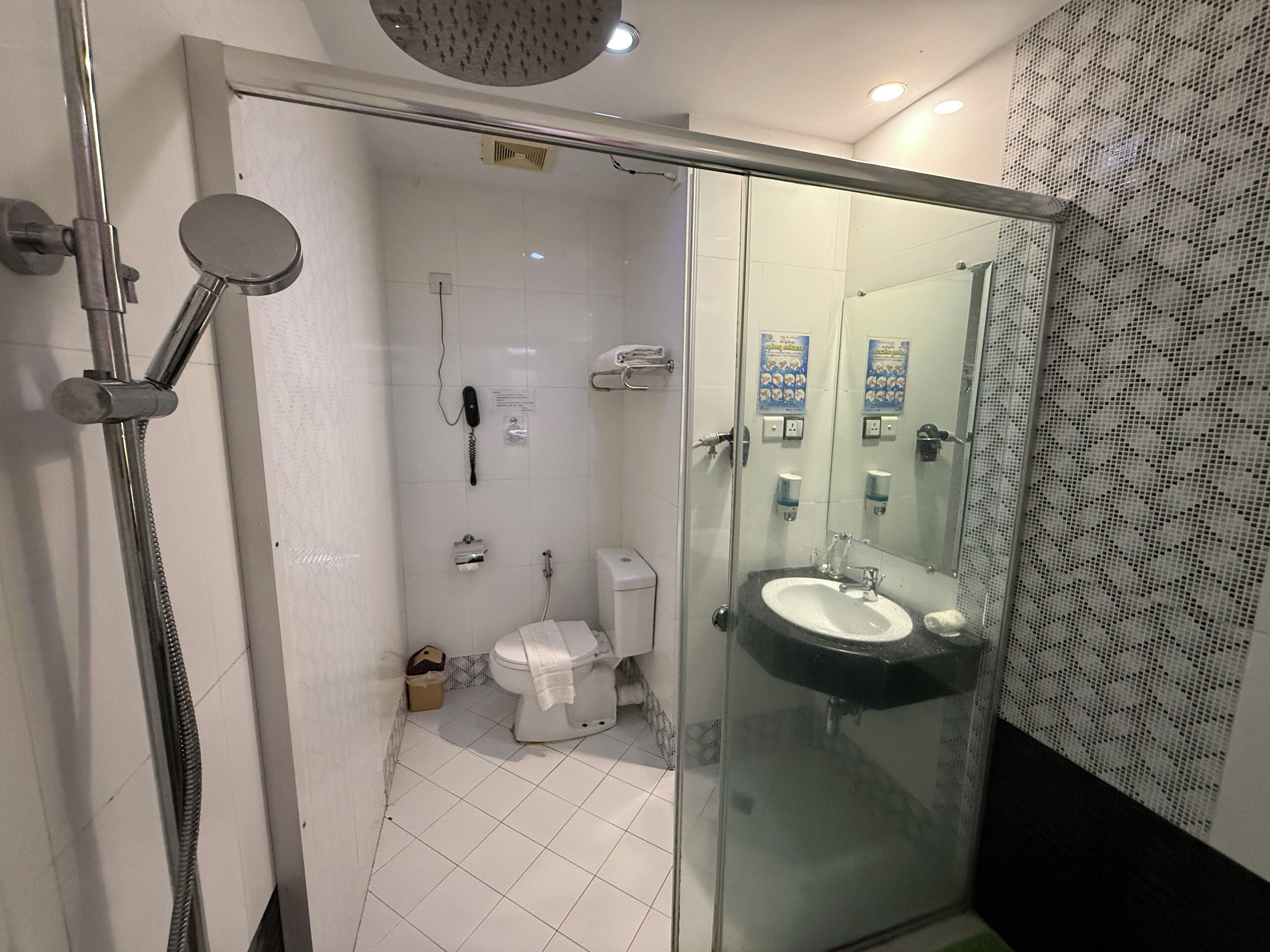 A modern bathroom with a glass-enclosed shower, a toilet, and a sink.