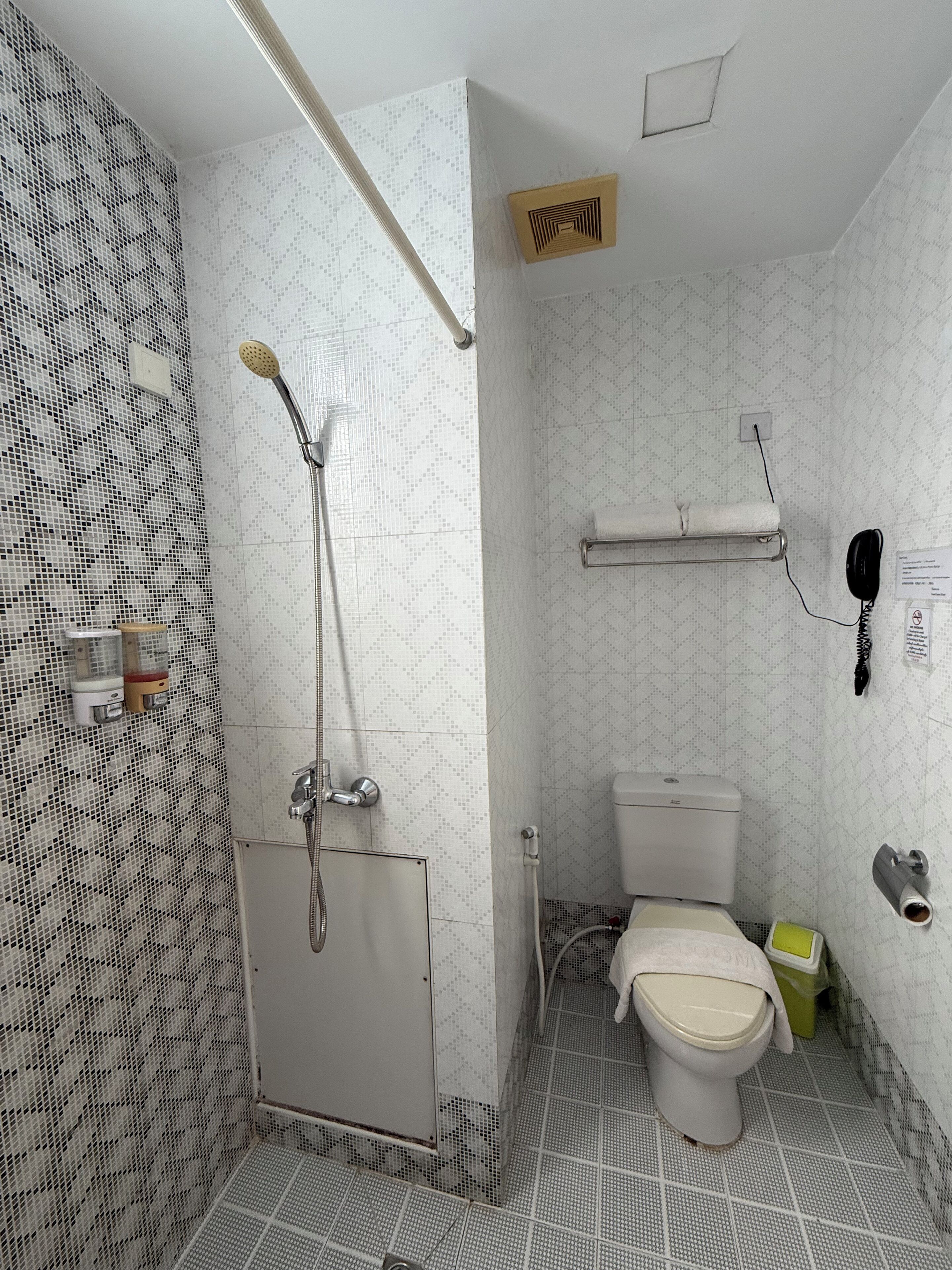 Une salle de bain équipée d’une douche, de toilettes et d’un porte-serviettes.