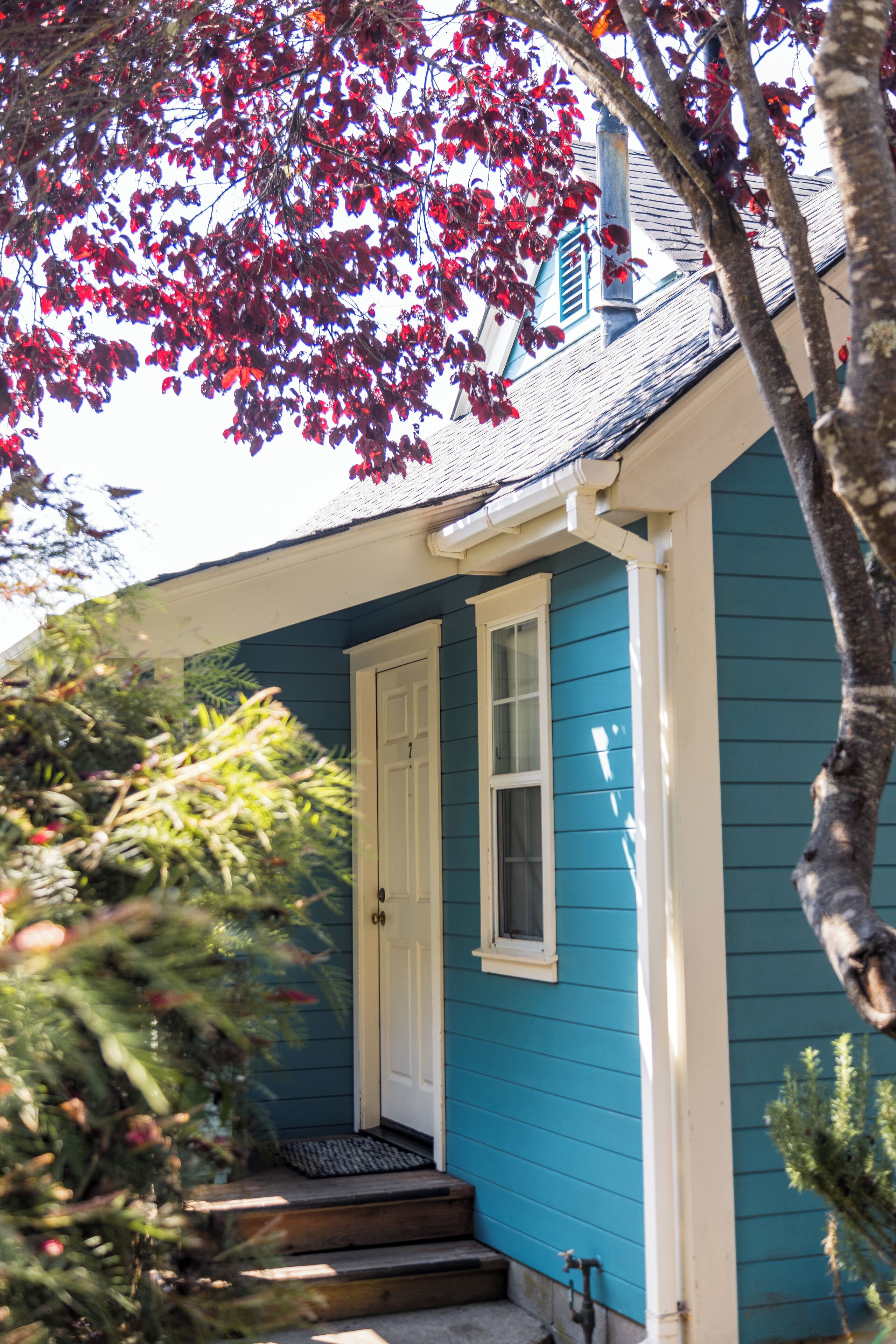A house with a blue exterior, a white door, and a small porch with steps leading up to it.