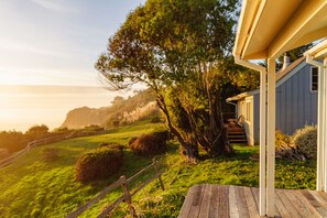 Eine Holzterrasse führt zu einem Haus mit einer Veranda, umgeben von einer grünen Landschaft und Bäumen.