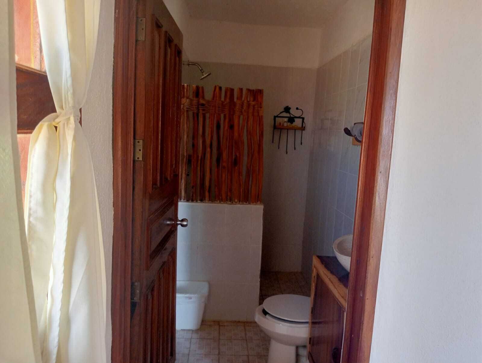 A small bathroom with a toilet, a sink, and a shower area.