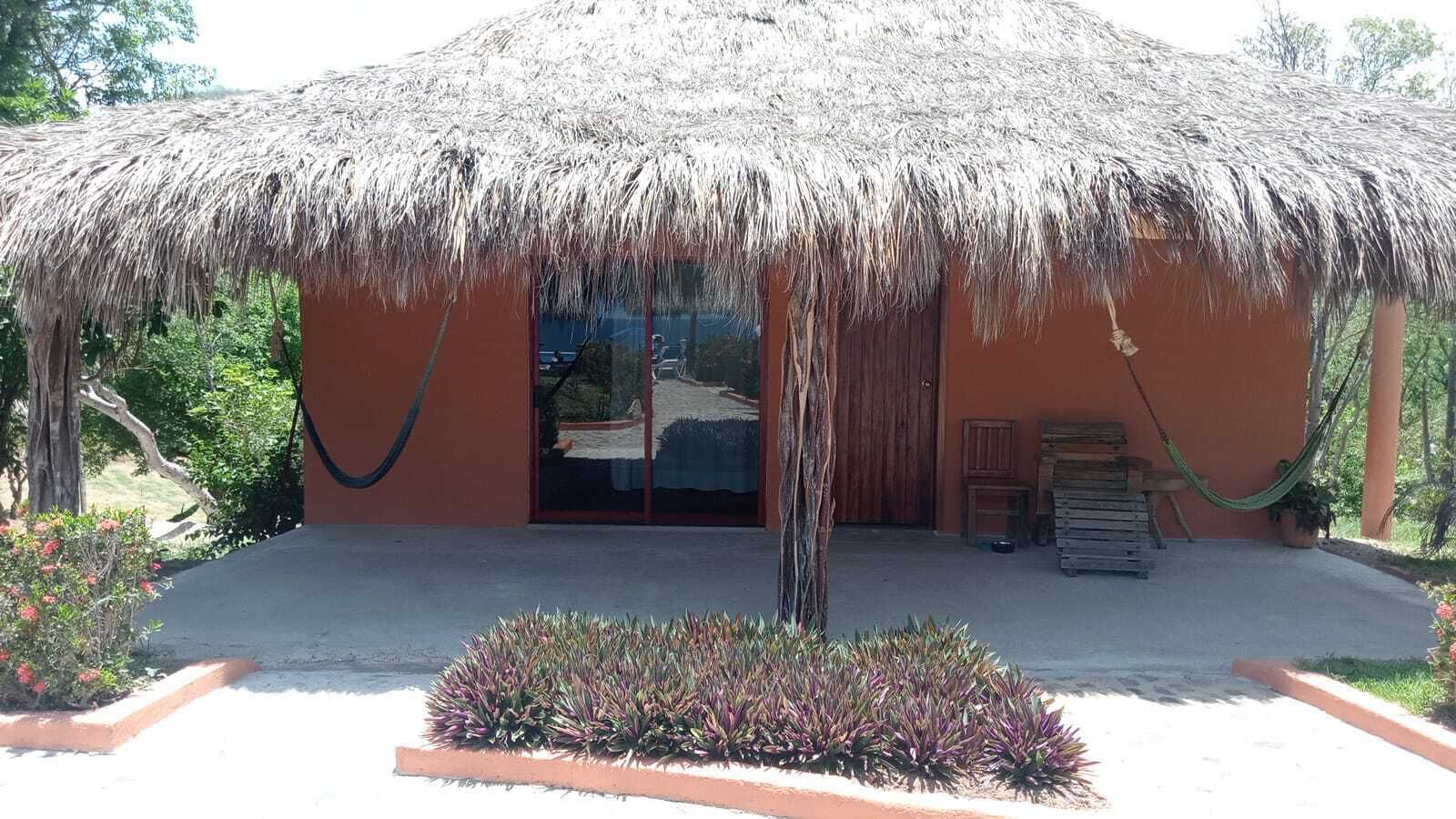 Un edificio con techo de paja y puerta de cristal, rodeado de un jardín ajardinado y una hamaca.