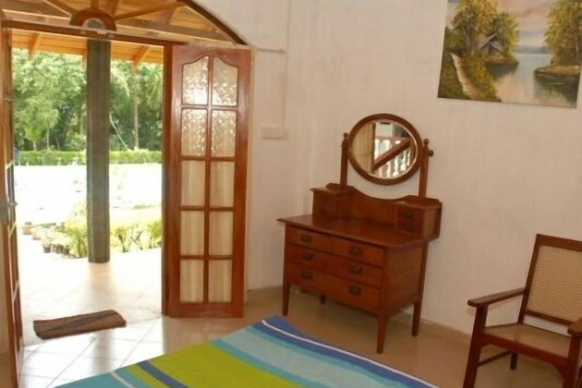 A room with a wooden dresser, a chair, a mirror, and a view of a garden through an open door.