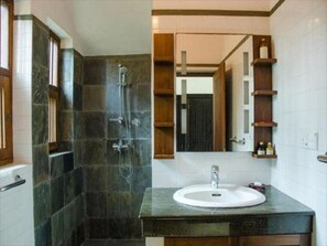 Double Room, Pool View | Bathroom | Shower, free toiletries, hair dryer, bidet