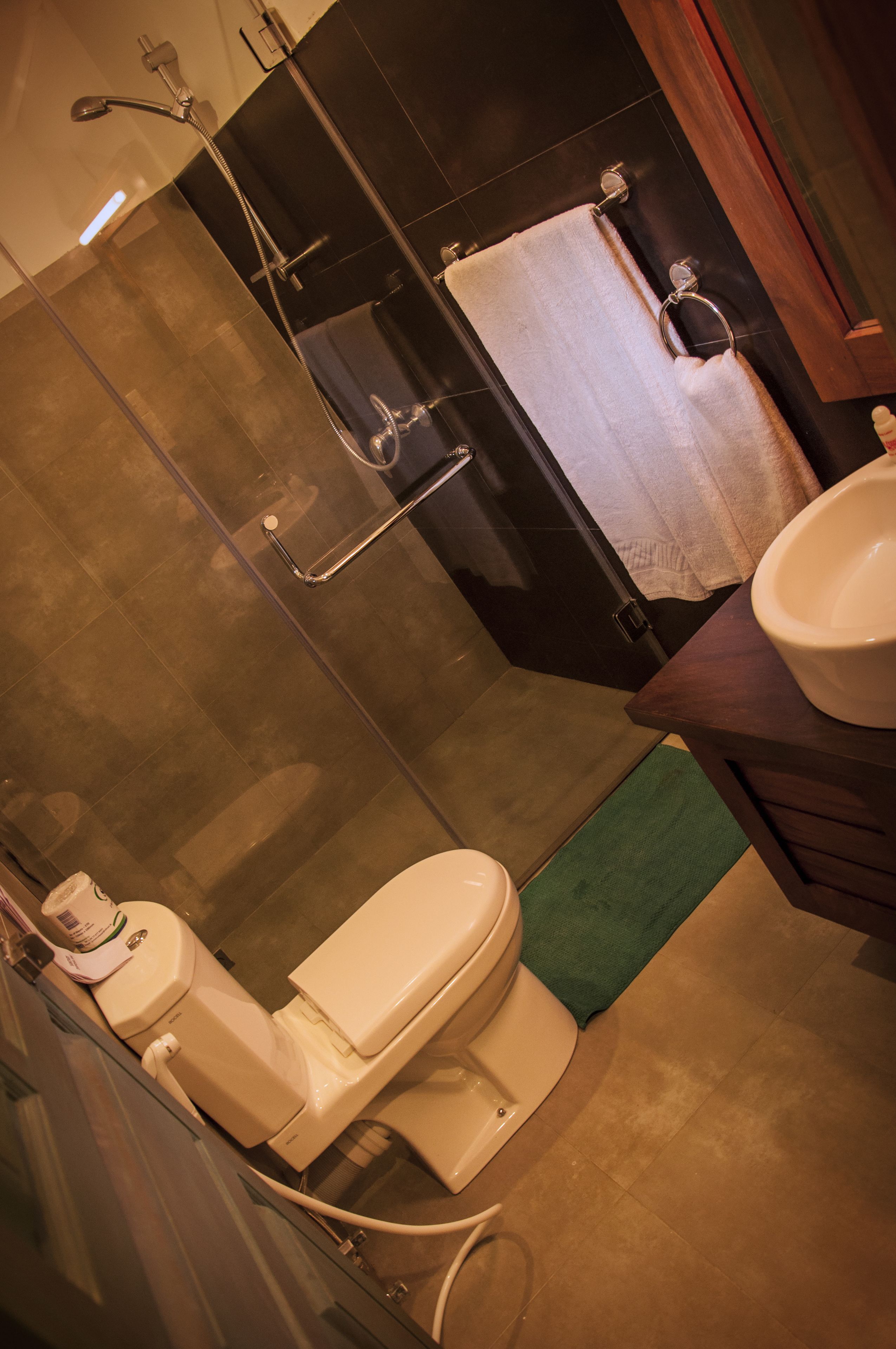 Ein modernes Badezimmer mit einer Duschkabine, einer Toilette und einem Waschbecken.