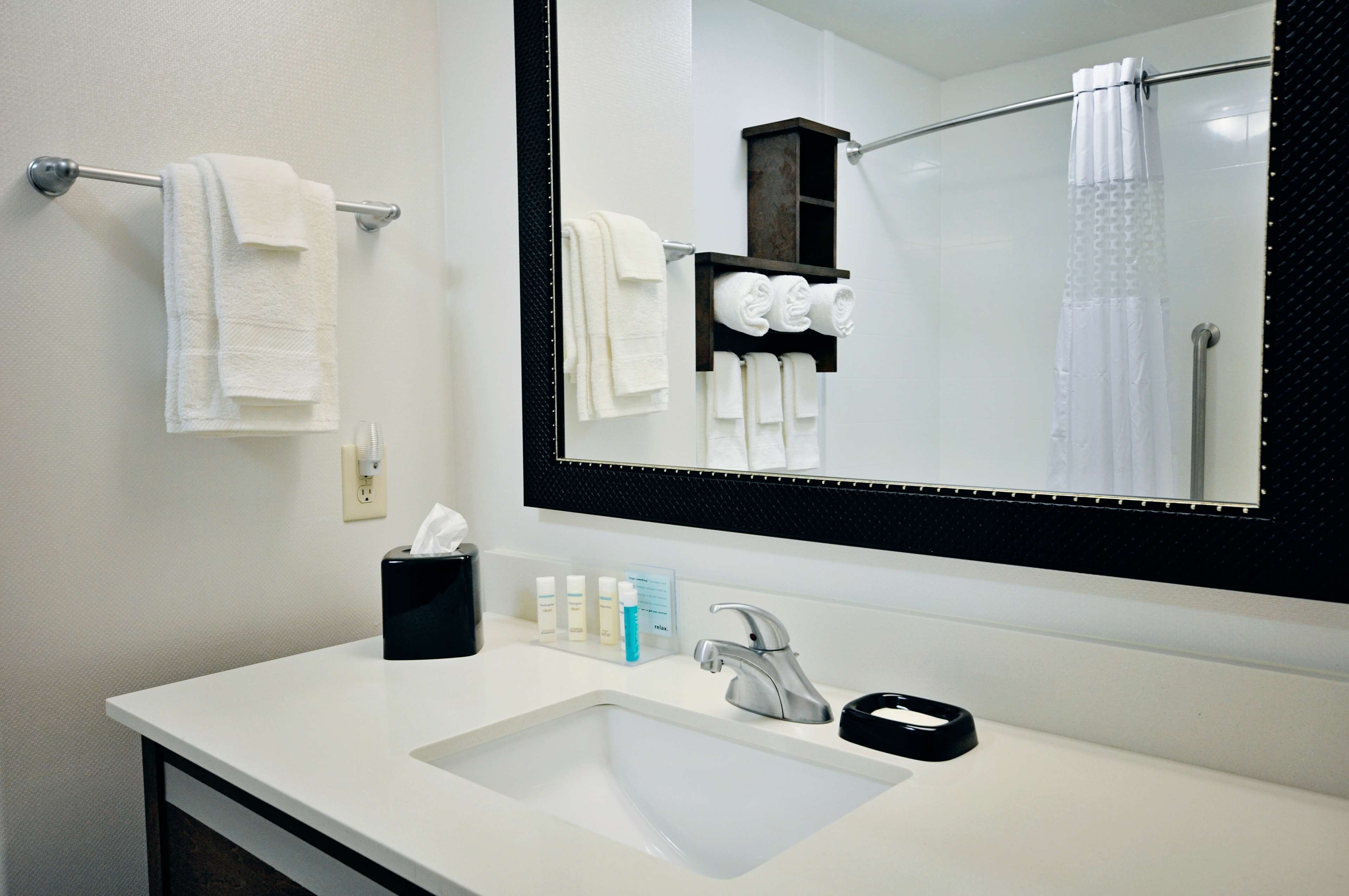 room, 1 king bed with sofa bed, refrigerator & microwave | bathroom | towels