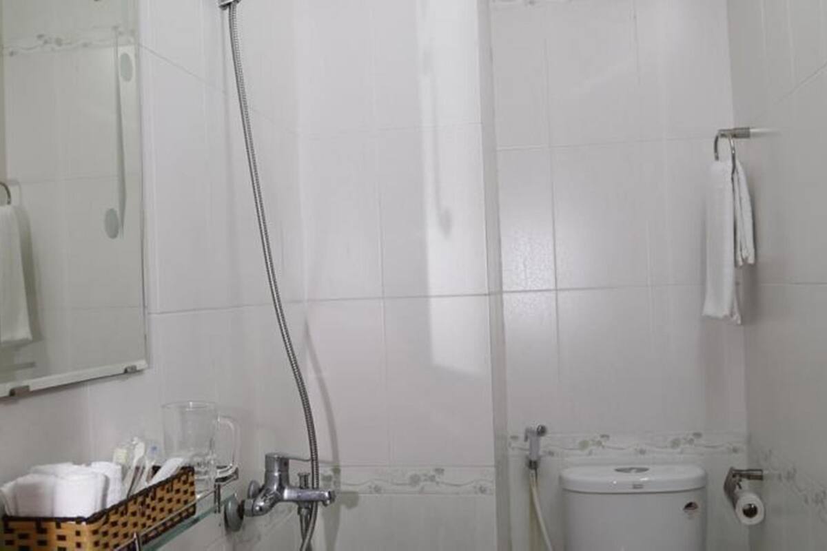 A bathroom with a shower, toilet, and a mirror.