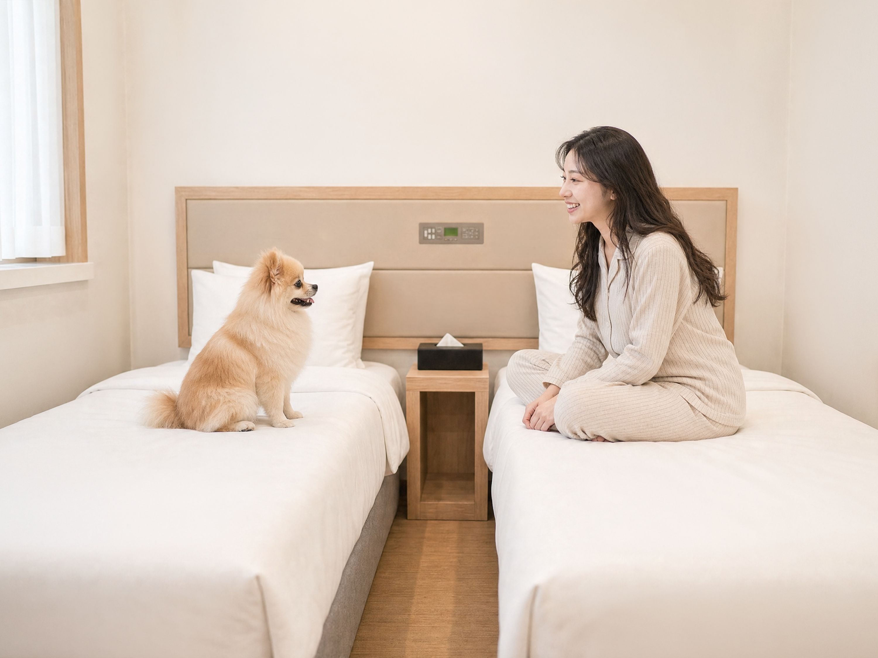 A hotel room with two beds, a nightstand, and a small dog.