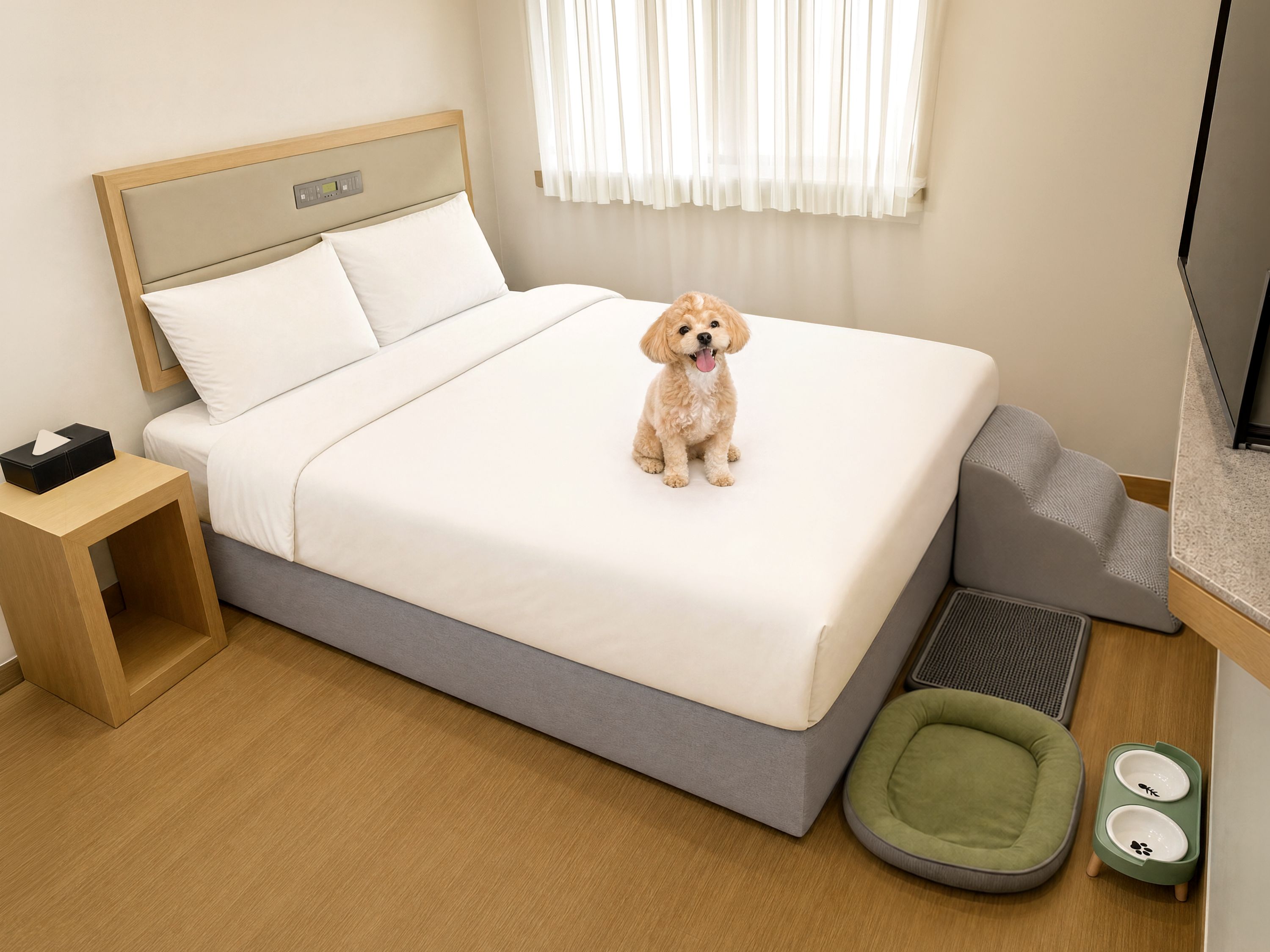 A hotel room with a bed, a small wooden nightstand, a pet bed, a feeding station, and a television.
