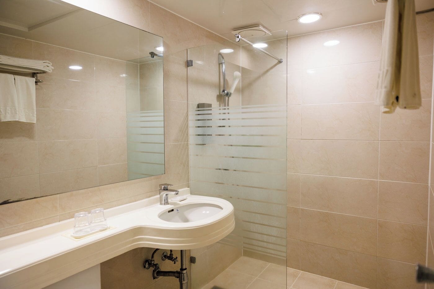twin room, annex building (located behind the main building) | bathroom | shower, hair dryer, slippers, towels
