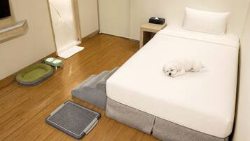 A hotel room with a bed, a pet bed, a small table, a green pet bowl, and a grey pet mat.
