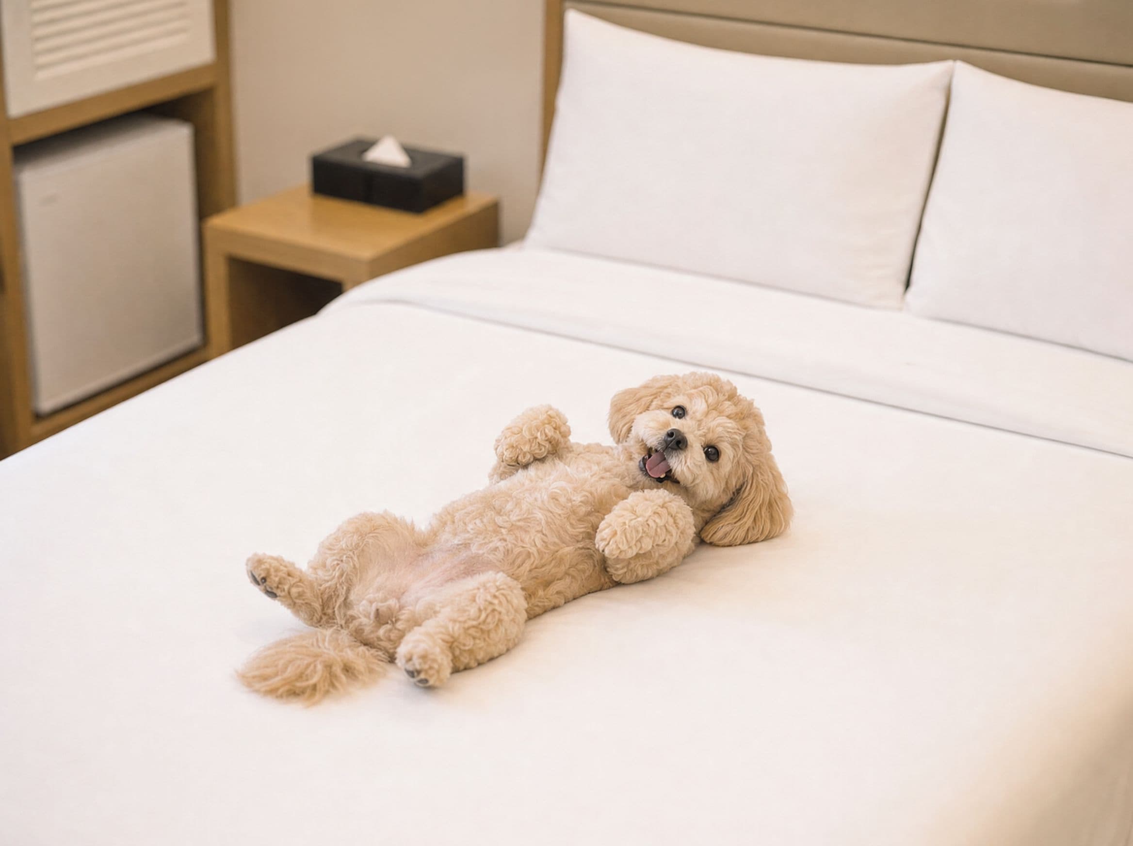 Un perro descansando sobre una cama en una habitación de hotel.