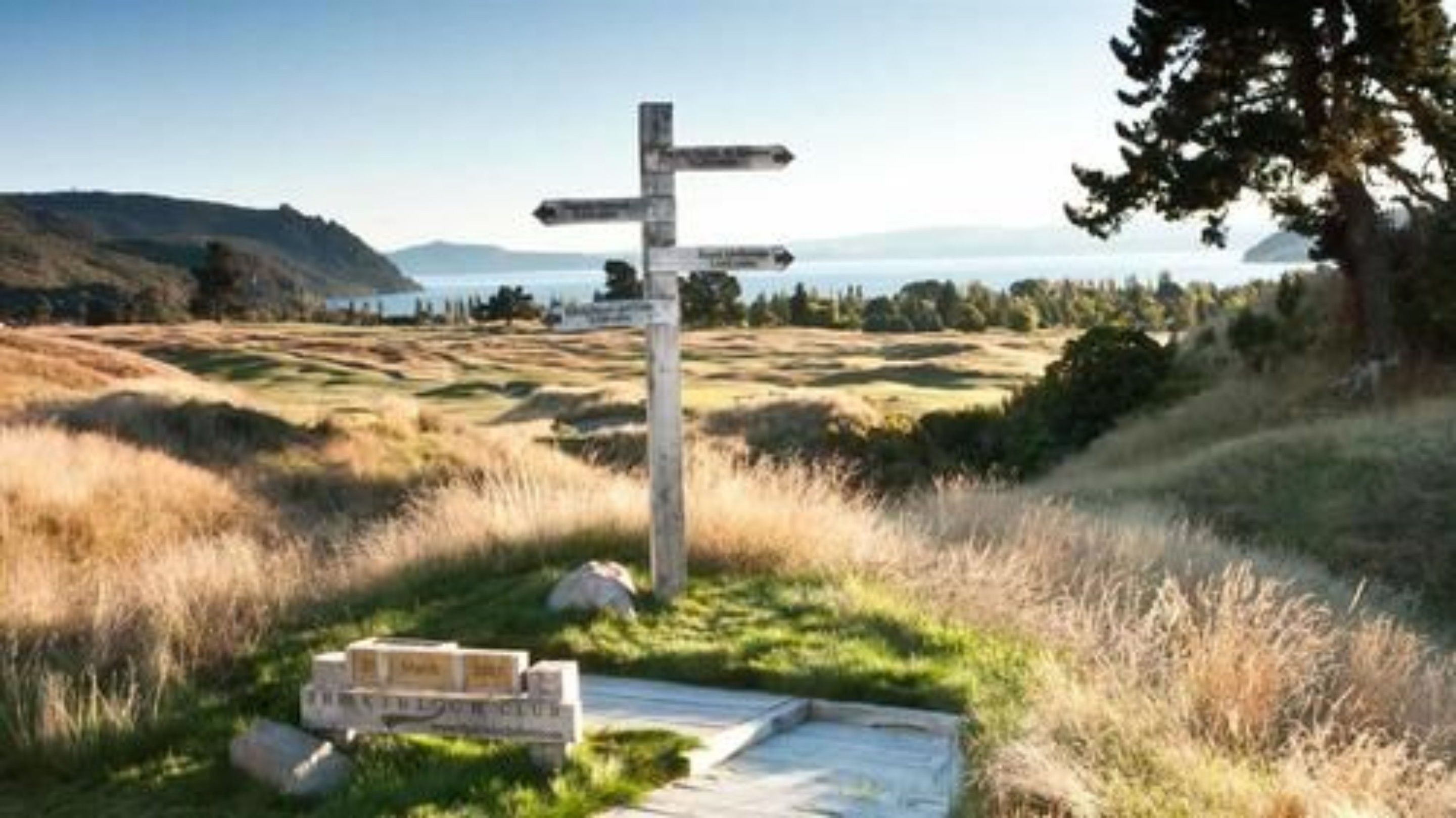 A wooden signpost in a grassy field with a body of water and hills in the background.