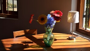 Una mesa de madera con un jarrón verde que contiene flores coloridas, una lámpara y una silla.