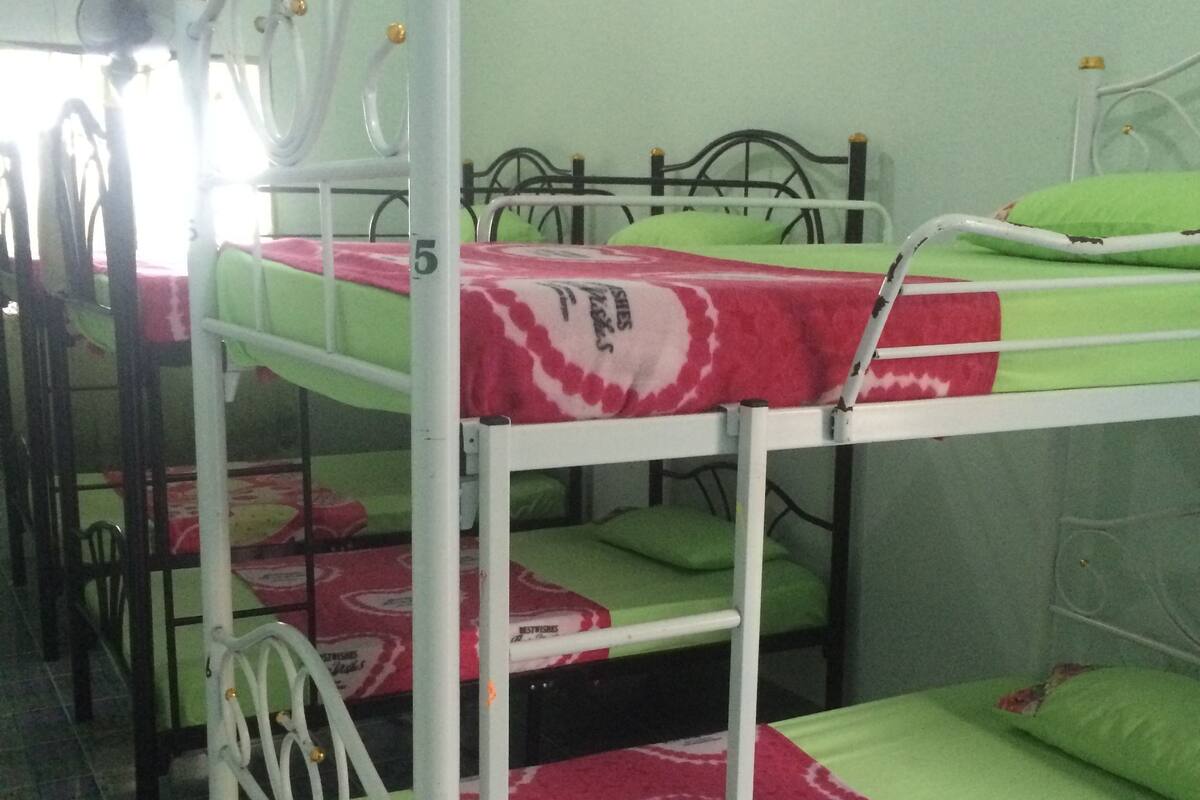 Camas literas con ropa de cama verde y rosa, barandillas metálicas y suelo de baldosas.