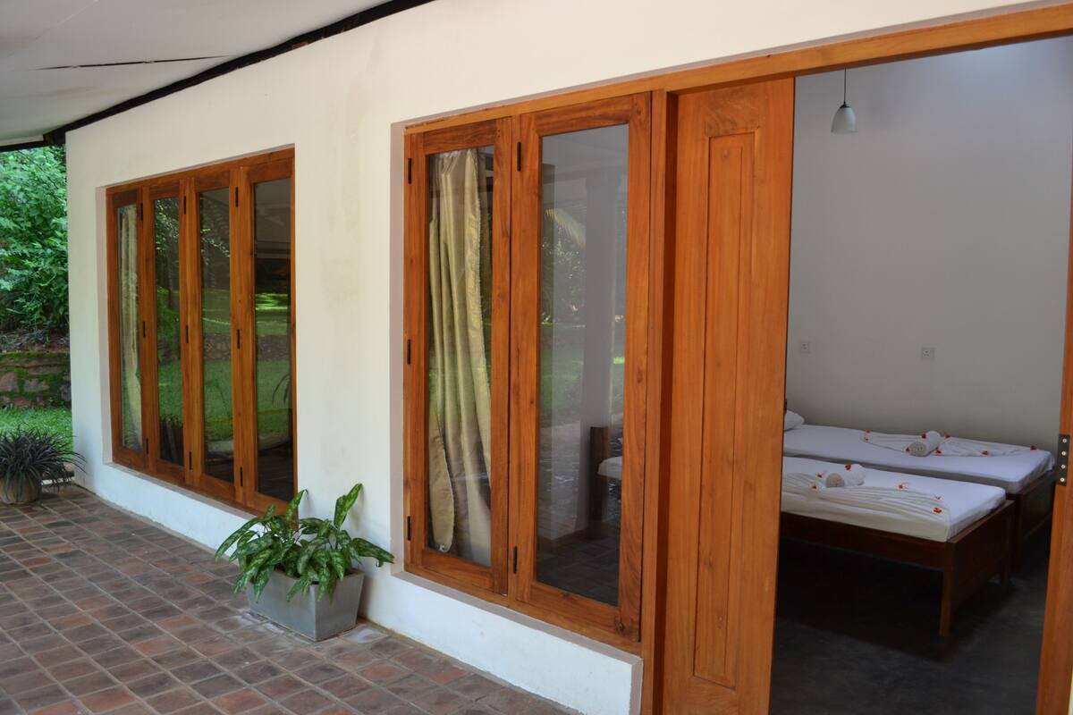 Una habitación con dos camas, una planta en maceta y ventanas amplias con cortinas.