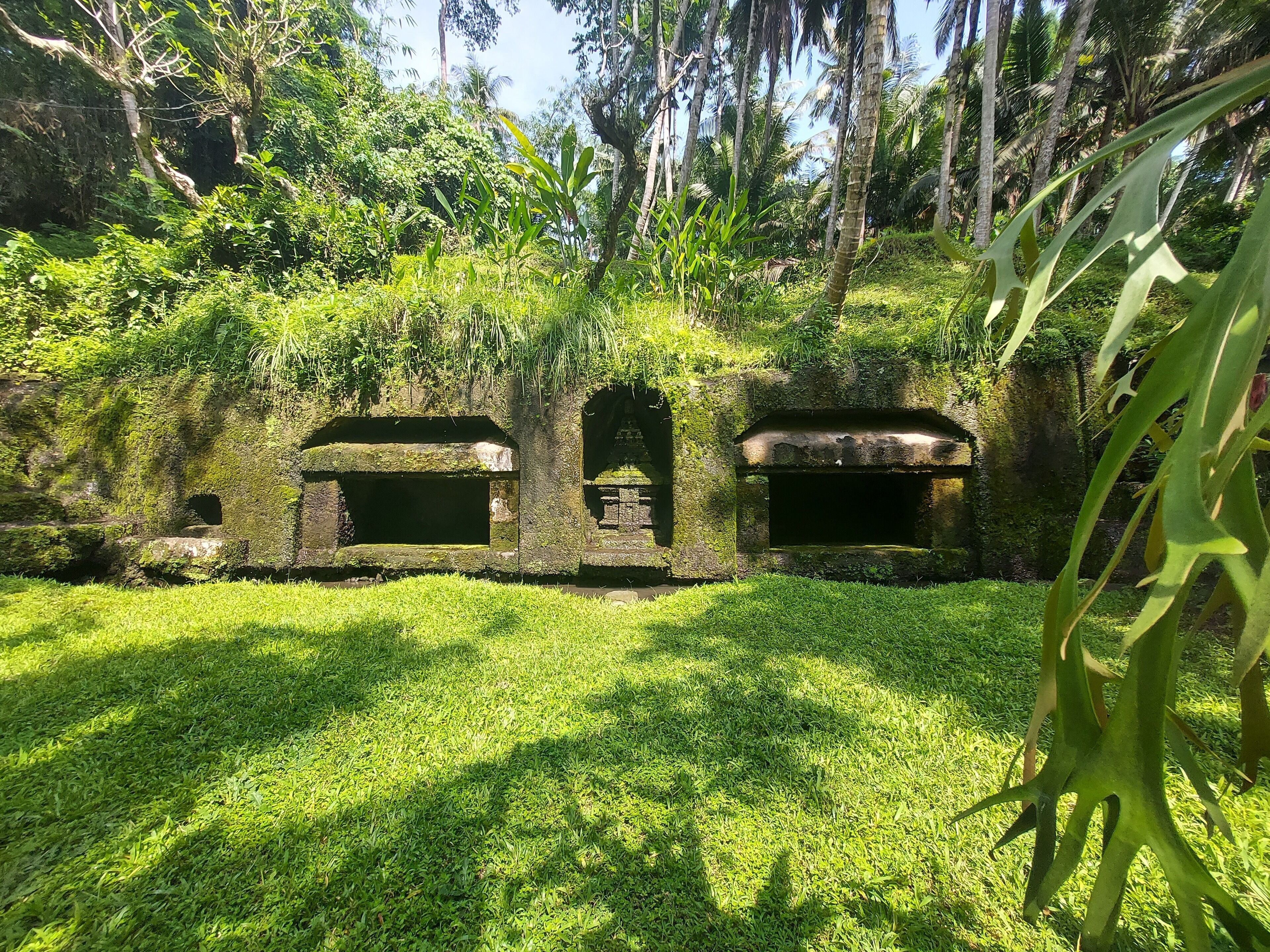 A lush garden with a stone structure featuring arched openings, surrounded by dense foliage and palm trees.