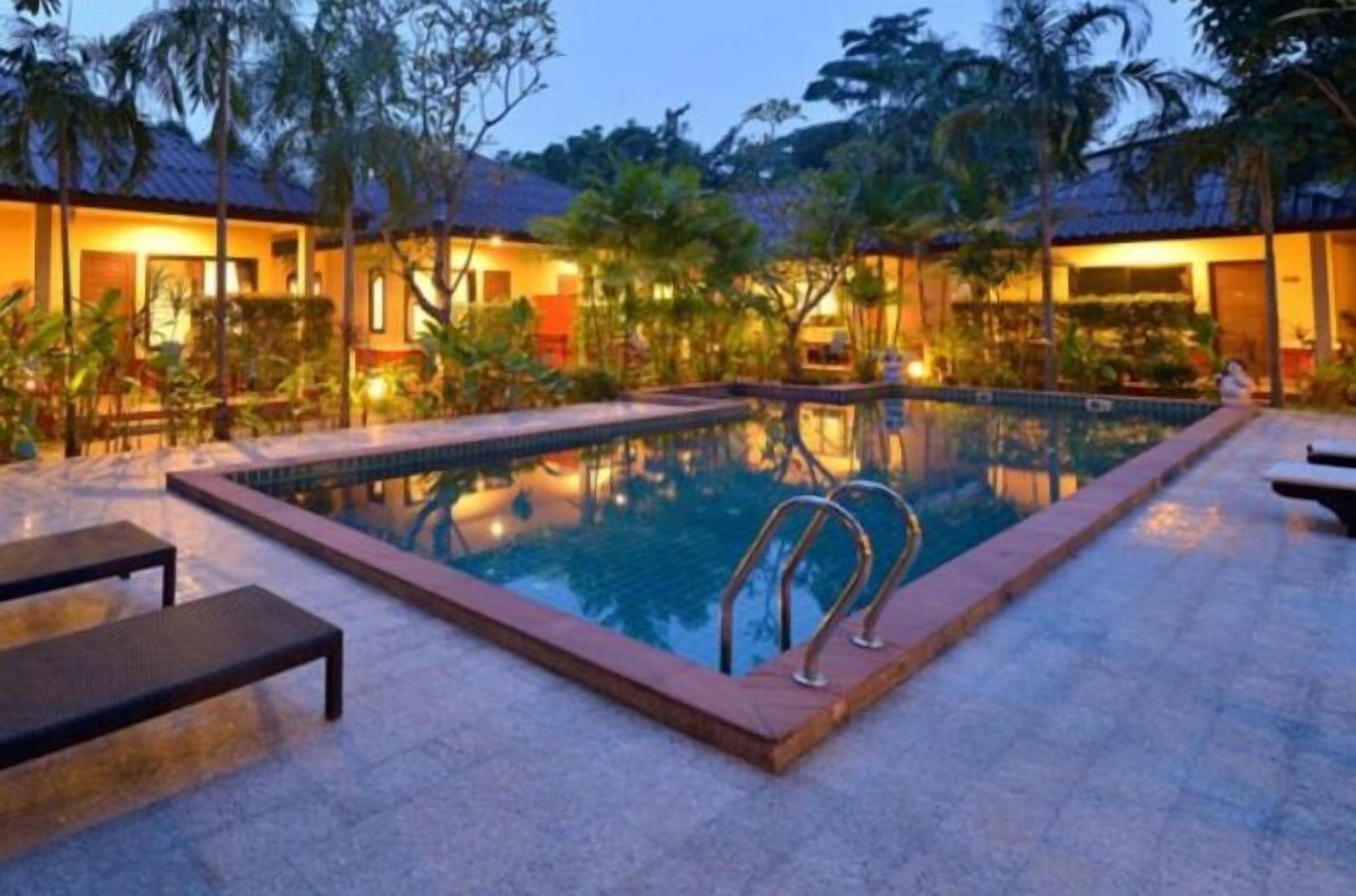 outdoor pool, pool loungers