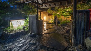 En traditionell japansk trädgård med en träkonstruktion, en stenlagd gång och en liten damm.