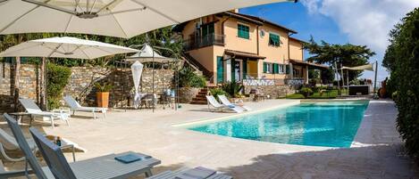 Seasonal outdoor pool, pool umbrellas, pool loungers