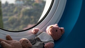 Un oso de peluche sentado junto a una ventana con vistas a un paisaje urbano.