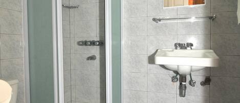 Un baño con ducha de vidrio, lavamanos blanco y un inodoro.