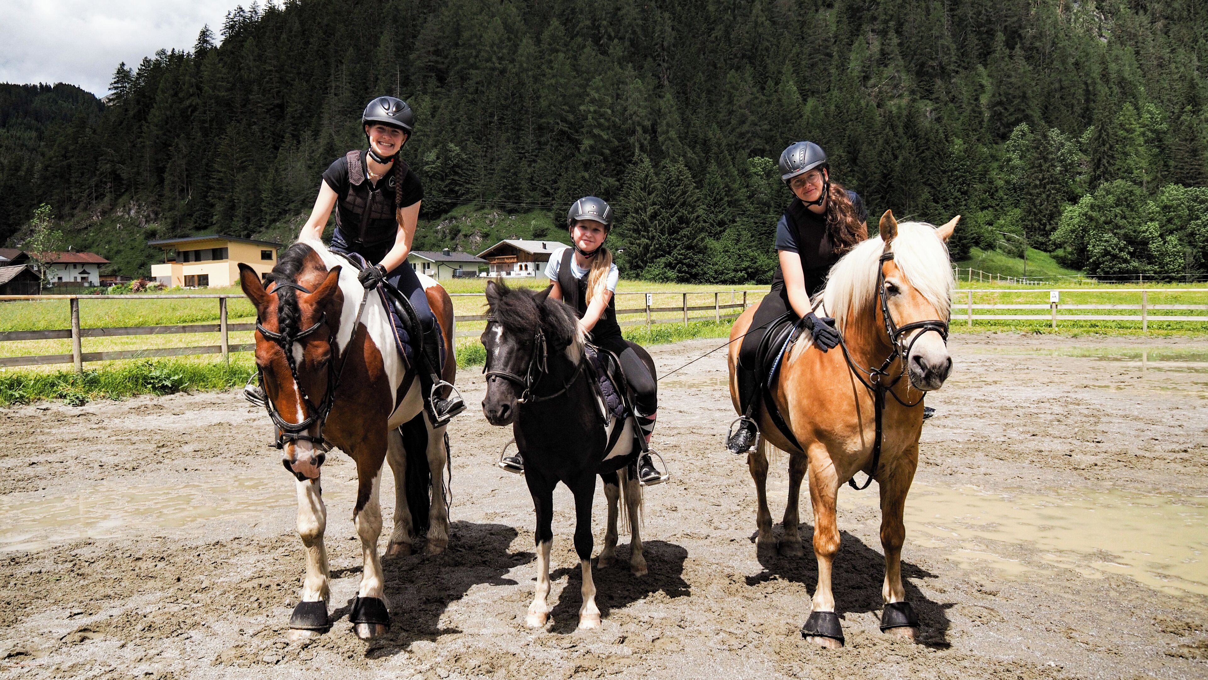 Tres jinetes a caballo en un área de equitación al aire libre, con un bosque de fondo.
