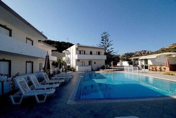 Seasonal outdoor pool, pool umbrellas, pool loungers