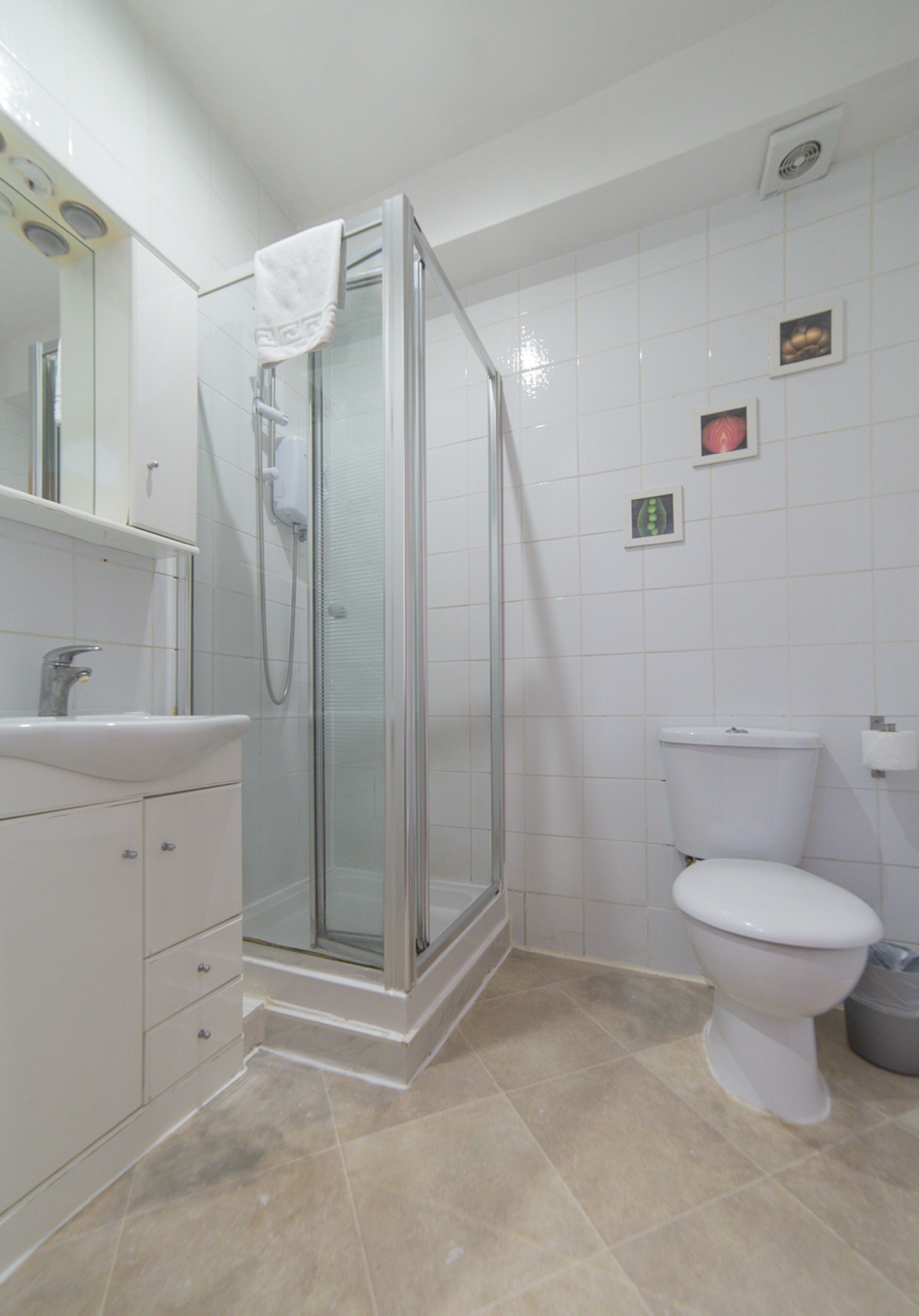 A bathroom with a glass-enclosed shower, a white toilet, and a sink with a mirror above it.