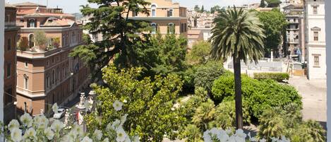 A balcony with white flowers, a palm tree, and buildings in the background.
